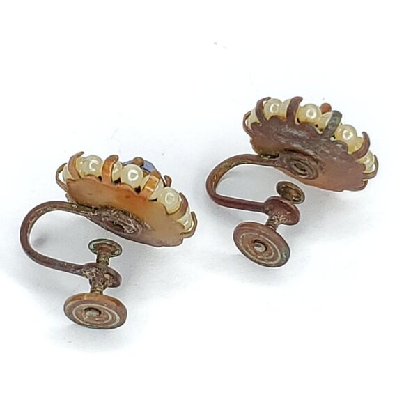 Vintage Blue Rhinestone Faux Pearl Earrings Screwback 5/8" - Picture 4 of 4